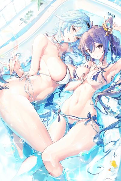Eula and Keqing in the bathtub (punc_p) [Genshin Impact]