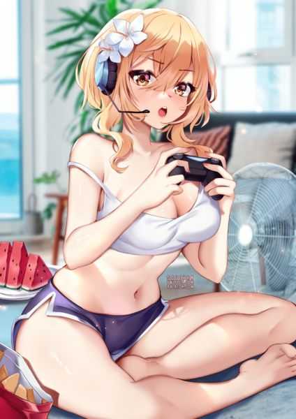 Lumine loves playing games even summer cannot stop her (SquChan) [Genshin Impact]