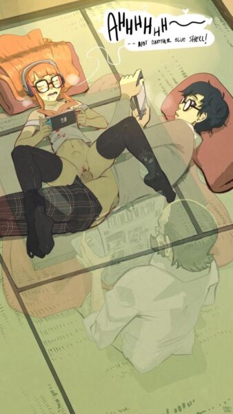 Ren and Futaba gaming while Sojiro is reading (KennoArkkan) [Persona 5]