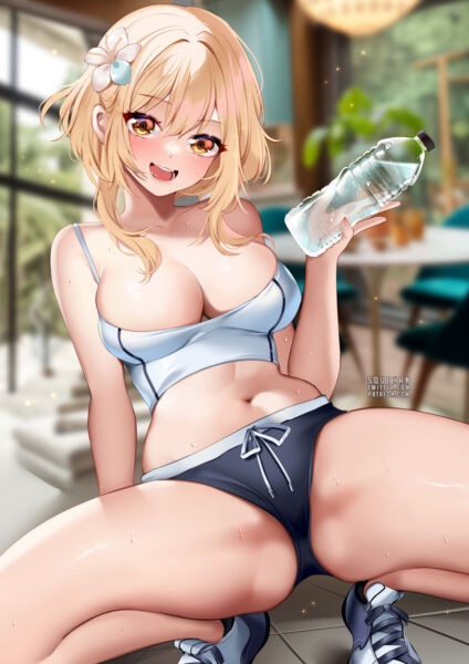 Lumine during workout with bottle (SquChan) [Genshin Impact]